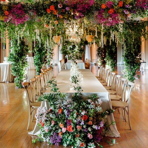 Pepper Hall decorated with extravagant floral draping