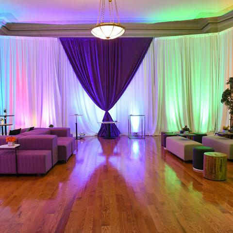 Ferns and drapery transform Pepper Hall into an intimate event space